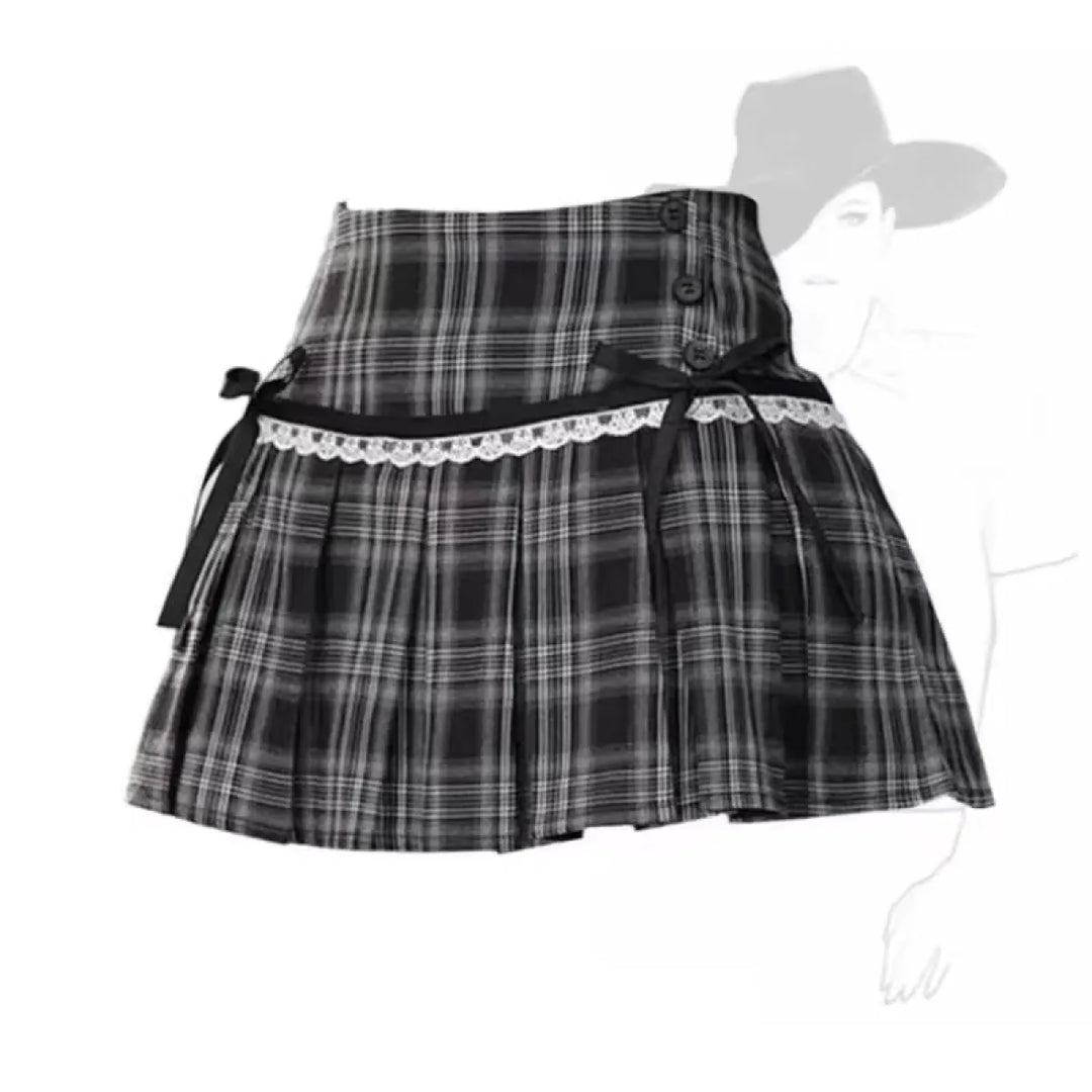 Kawaii Y2K Pleated Mini Skirt – Japanese Bow Lace Plaid Chic