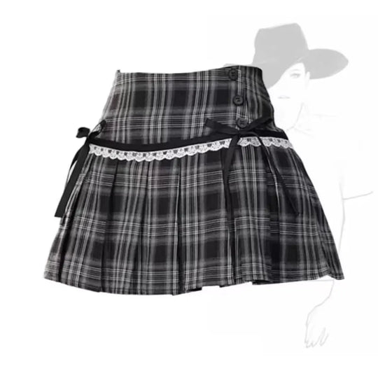 Kawaii Y2K Pleated Mini Skirt – Japanese Bow Lace Plaid Chic
