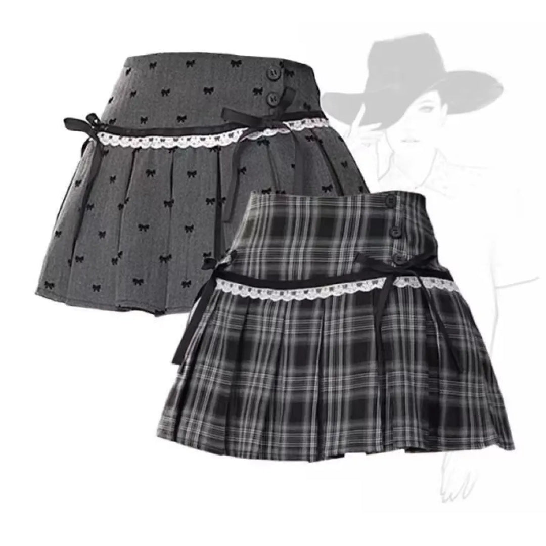 Kawaii Y2K Pleated Mini Skirt – Japanese Bow Lace Plaid Chic
