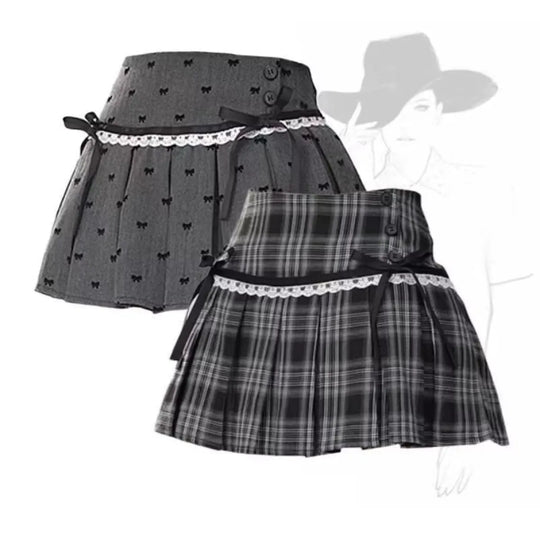 Kawaii Y2K Pleated Mini Skirt – Japanese Bow Lace Plaid Chic