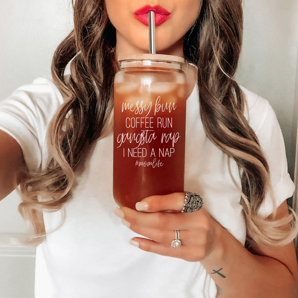 Messy Bun 17oz Glass Tumbler With Bamboo Lid Stainless Straws Mom Life Coffee Run Gift