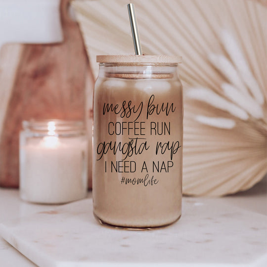 Messy Bun 17oz Glass Tumbler With Bamboo Lid Stainless Straws Mom Life Coffee Run Gift