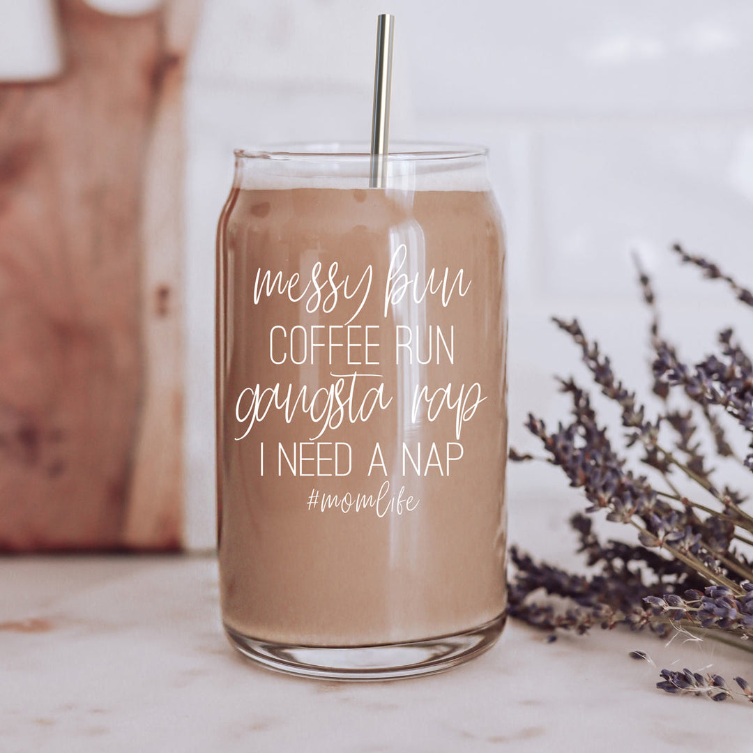 Messy Bun 17oz Glass Tumbler With Bamboo Lid Stainless Straws Mom Life Coffee Run Gift