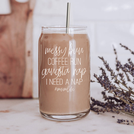 Messy Bun 17oz Glass Tumbler With Bamboo Lid Stainless Straws Mom Life Coffee Run Gift