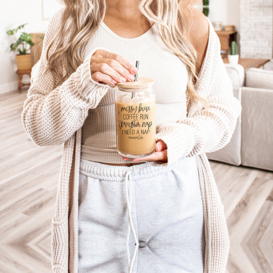 Messy Bun 17oz Glass Tumbler With Bamboo Lid Stainless Straws Mom Life Coffee Run Gift