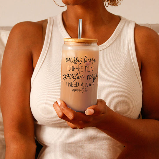 Messy Bun 17oz Glass Tumbler With Bamboo Lid Stainless Straws Mom Life Coffee Run Gift