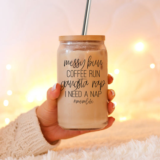 Messy Bun 17oz Glass Tumbler With Bamboo Lid Stainless Straws Mom Life Coffee Run Gift