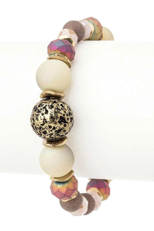 Mixed Bead Stretch Bracelet Cream Gold Boho Fashion
