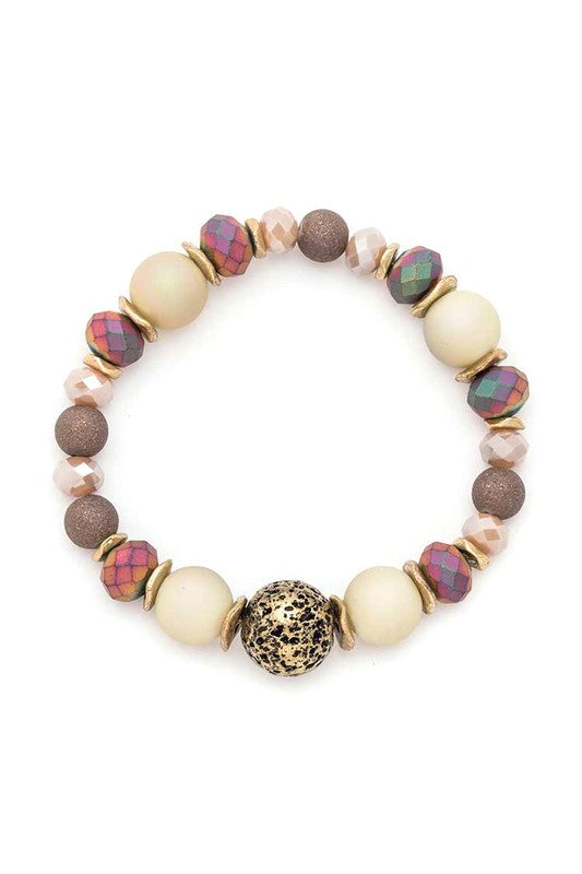 Mixed Bead Stretch Bracelet Cream Gold Boho Fashion