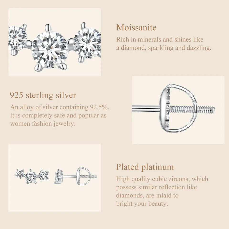 Sterling Silver S925 Moissanite Star Stud Earrings Screw Back Engagement Gift
