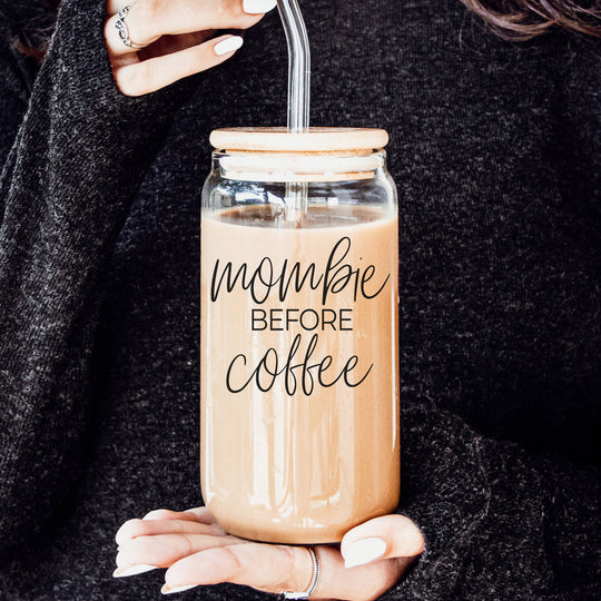 Mombie 20oz Glass Tumbler With Bamboo Lid Stainless Straws Coffee Hocus Pocus I Need Coffee