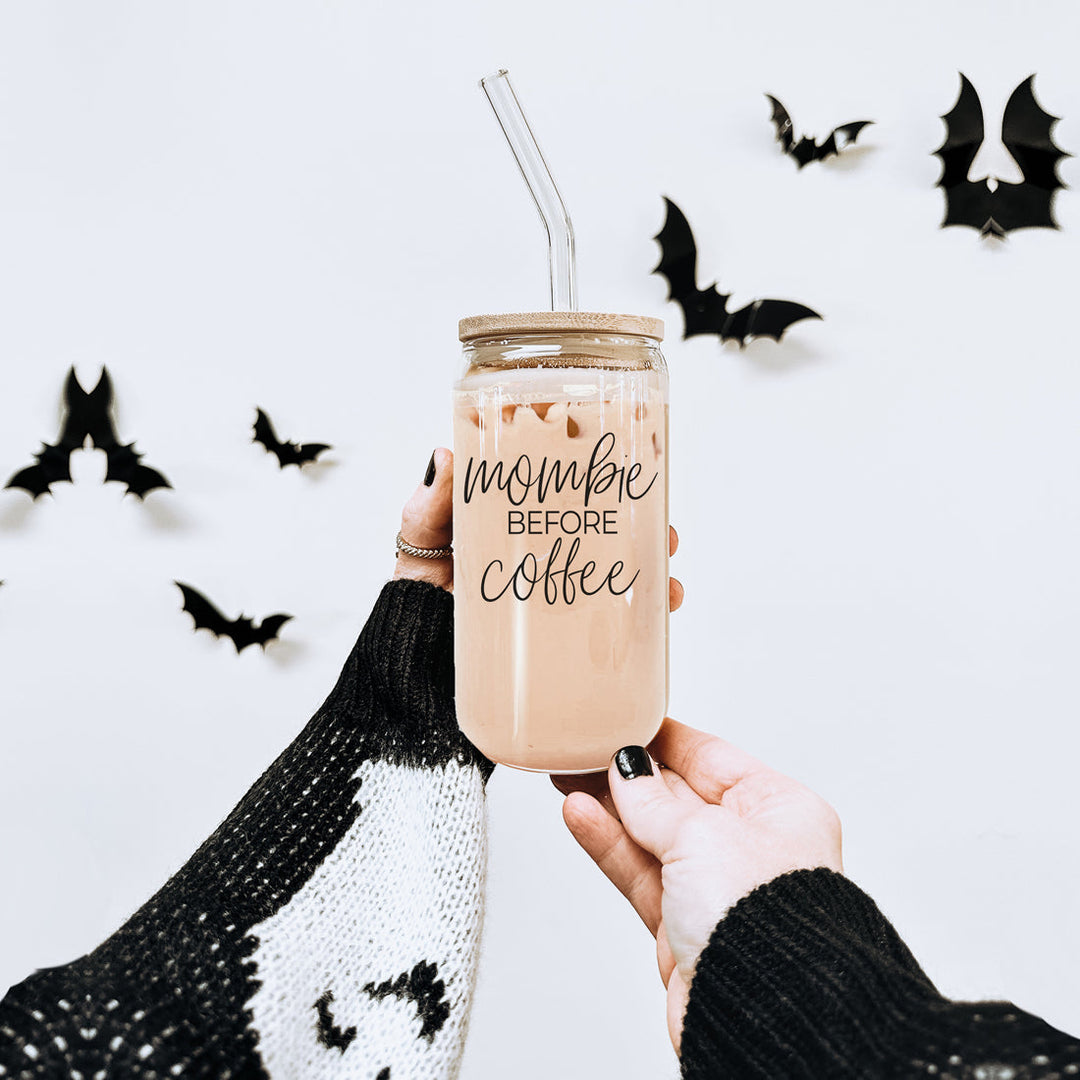 Mombie 20oz Glass Tumbler With Bamboo Lid Stainless Straws Coffee Hocus Pocus I Need Coffee