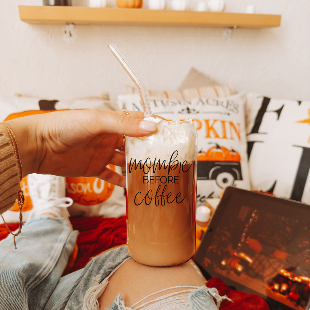 Mombie 20oz Glass Tumbler With Bamboo Lid Stainless Straws Coffee Hocus Pocus I Need Coffee