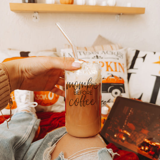 Mombie 20oz Glass Tumbler With Bamboo Lid Stainless Straws Coffee Hocus Pocus I Need Coffee