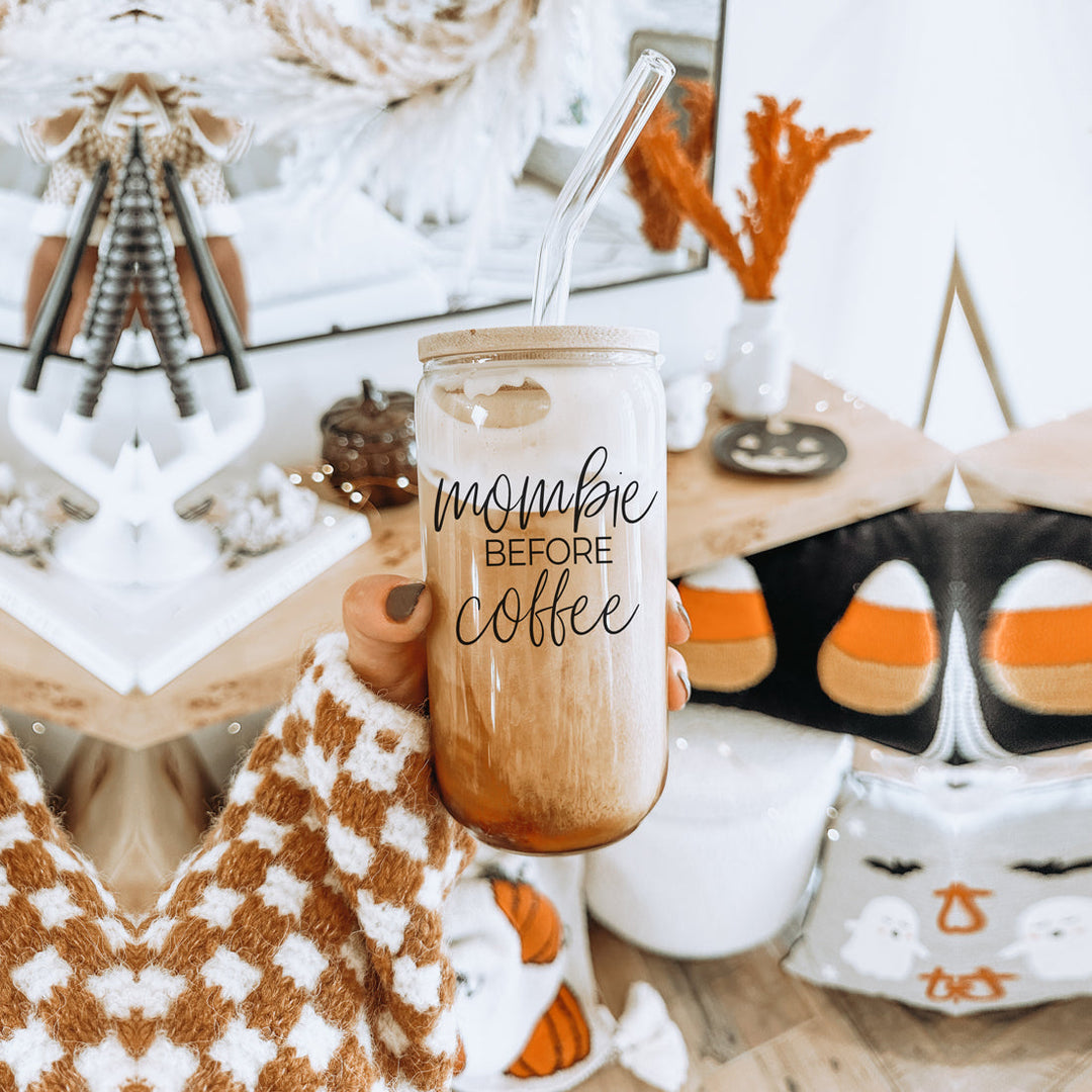 Mombie 20oz Glass Tumbler With Bamboo Lid Stainless Straws Coffee Hocus Pocus I Need Coffee