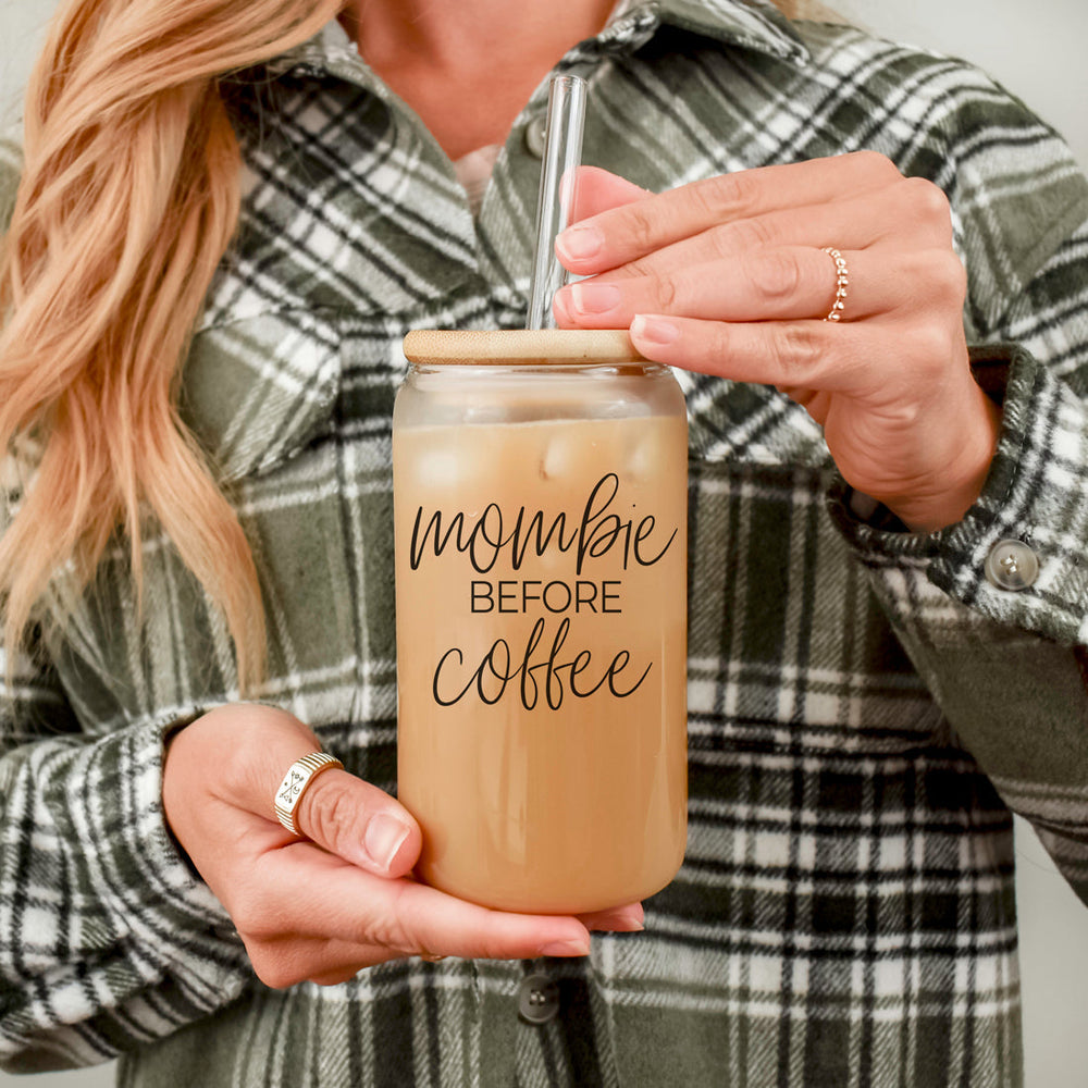 Mombie 20oz Glass Tumbler With Bamboo Lid Stainless Straws Coffee Hocus Pocus I Need Coffee