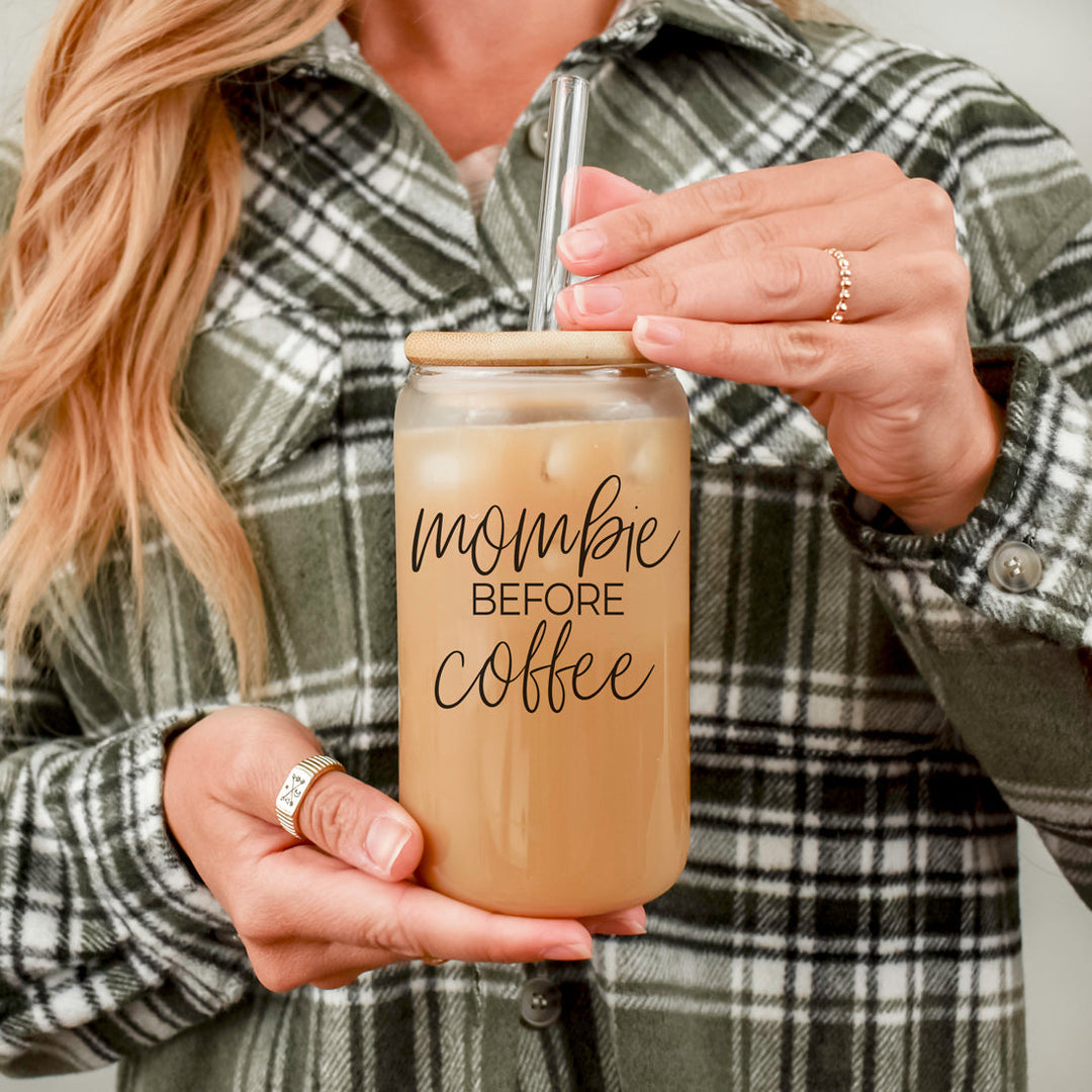 Mombie 20oz Glass Tumbler With Bamboo Lid Stainless Straws Coffee Hocus Pocus I Need Coffee