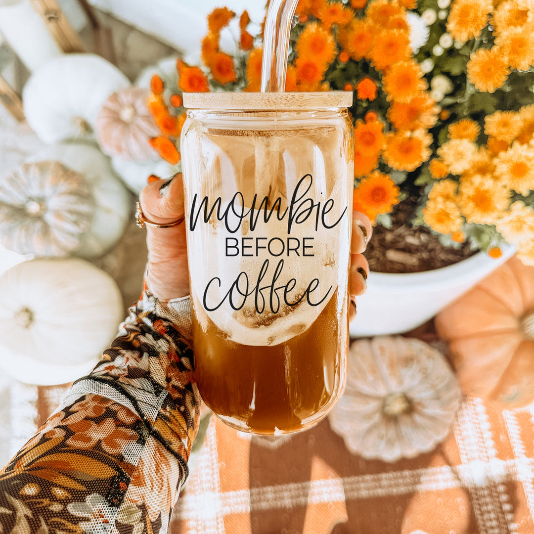 Mombie 20oz Glass Tumbler With Bamboo Lid Stainless Straws Coffee Hocus Pocus I Need Coffee