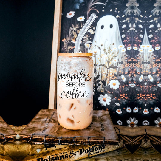 Mombie 20oz Glass Tumbler With Bamboo Lid Stainless Straws Coffee Hocus Pocus I Need Coffee