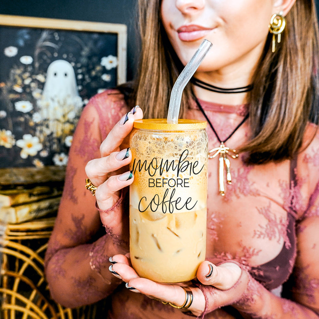 Mombie 20oz Glass Tumbler With Bamboo Lid Stainless Straws Coffee Hocus Pocus I Need Coffee