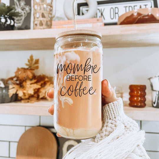 Mombie 20oz Glass Tumbler With Bamboo Lid Stainless Straws Coffee Hocus Pocus I Need Coffee