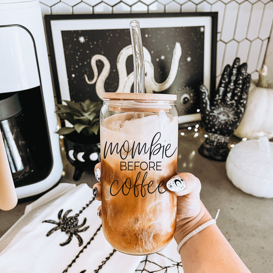 Mombie 20oz Glass Tumbler With Bamboo Lid Stainless Straws Coffee Hocus Pocus I Need Coffee