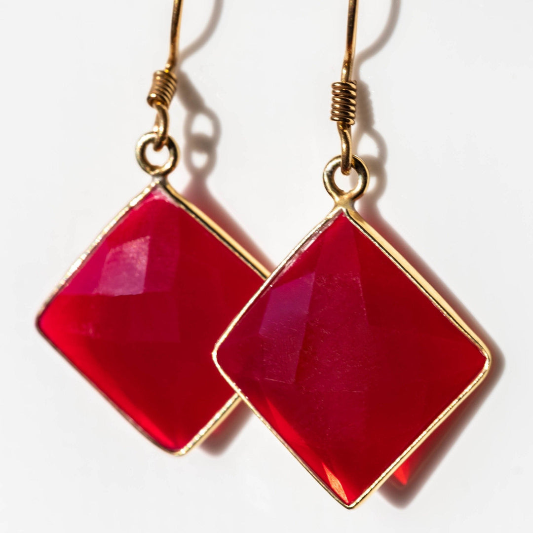 Red Chalcedony Square Earrings With Gold Filled Hooks
