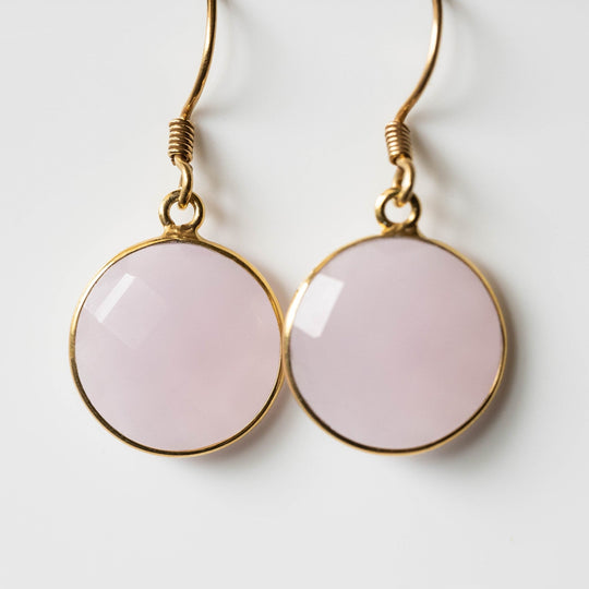 Rose Quartz Round Drop Earrings Gold Plated Minimal
