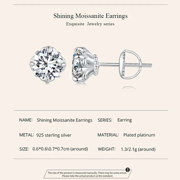 0.5/1ct D Color VVS1 Moissanite Stud Earrings S925 Sterling Screw Back