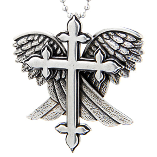 Silver Cross With Angel Wings Pendant Necklace For Women