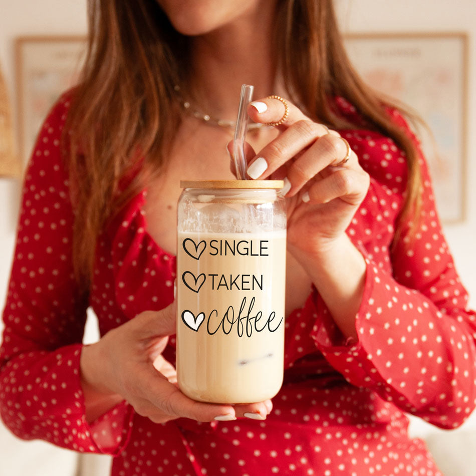 20oz Coffee Glass Cup With Bamboo Lid - Single Taken Coffee Heart Design