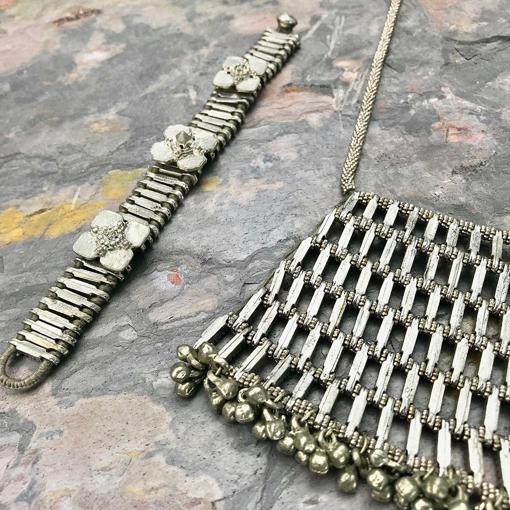 Kali Flower Bracelet Boho Handwoven Metal Beads Cotton Thread Adjustable