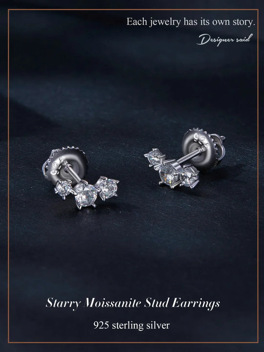 Sterling Silver S925 Moissanite Star Stud Earrings Screw Back Engagement Gift