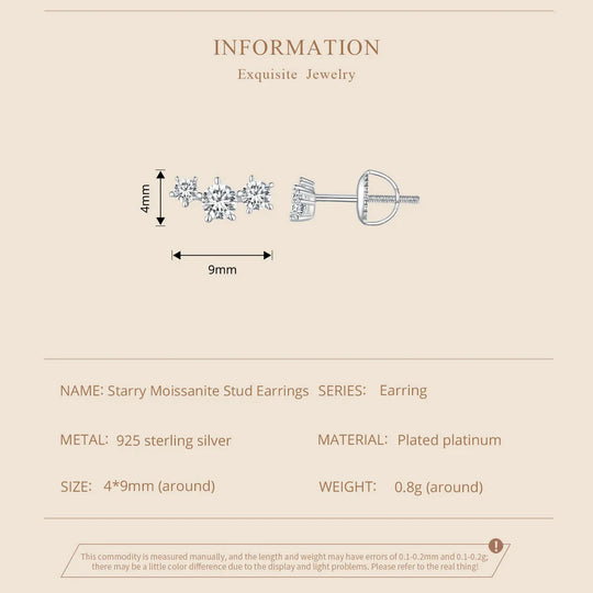 Sterling Silver S925 Moissanite Star Stud Earrings Screw Back Engagement Gift