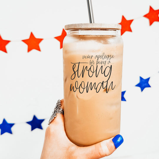 Strong Woman 17oz Glass Tumbler With Bamboo Lid And Stainless Straws - Gift