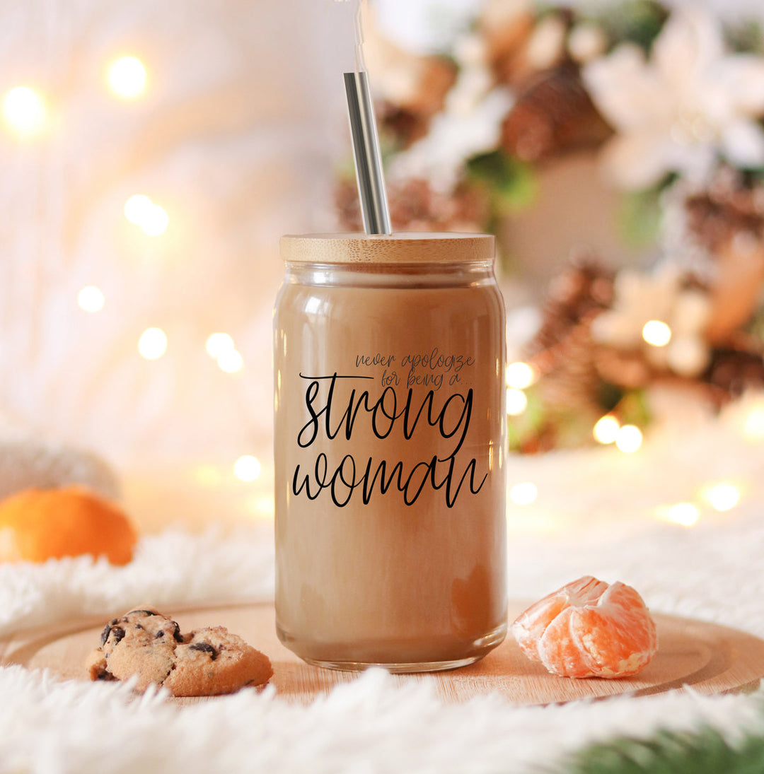 Strong Woman 17oz Glass Tumbler With Bamboo Lid And Stainless Straws - Gift