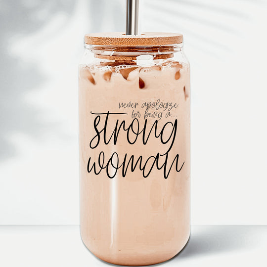 Strong Woman 17oz Glass Tumbler With Bamboo Lid And Stainless Straws - Gift