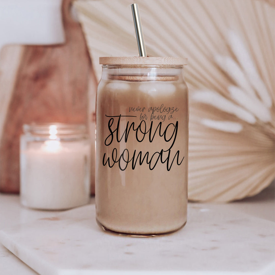 Strong Woman 17oz Glass Tumbler With Bamboo Lid And Stainless Straws - Gift