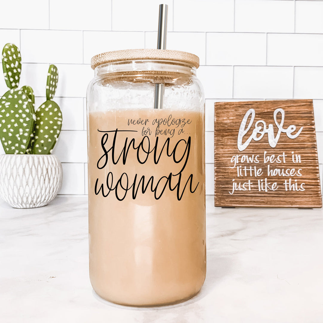 Strong Woman 17oz Glass Tumbler With Bamboo Lid And Stainless Straws - Gift