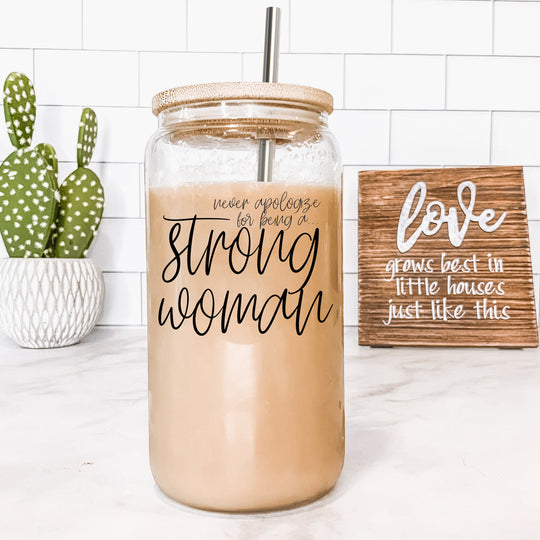 Strong Woman 17oz Glass Tumbler With Bamboo Lid And Stainless Straws - Gift