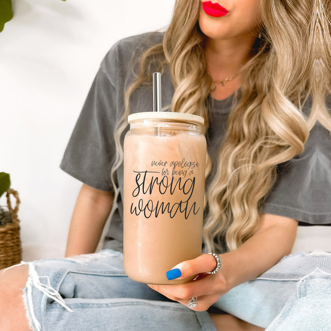 Strong Woman 17oz Glass Tumbler With Bamboo Lid And Stainless Straws - Gift