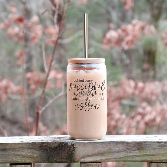 17oz Glass Tumbler Bamboo Lid Stainless Straws - Coffee Quote For Women