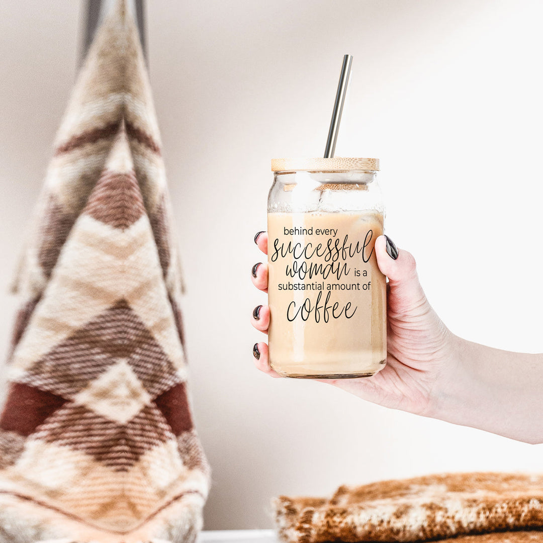 17oz Glass Tumbler Bamboo Lid Stainless Straws - Coffee Quote For Women