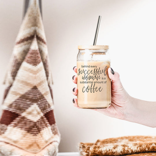 17oz Glass Tumbler Bamboo Lid Stainless Straws - Coffee Quote For Women