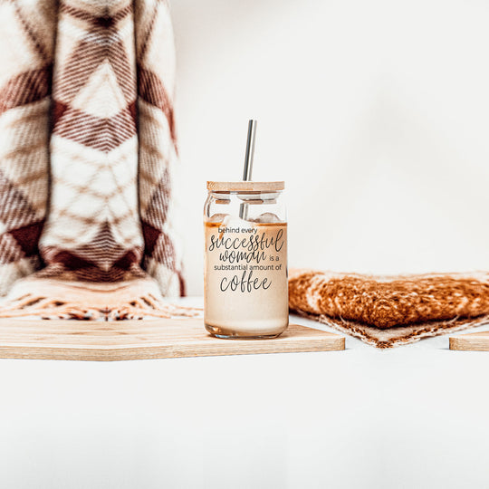 17oz Glass Tumbler Bamboo Lid Stainless Straws - Coffee Quote For Women