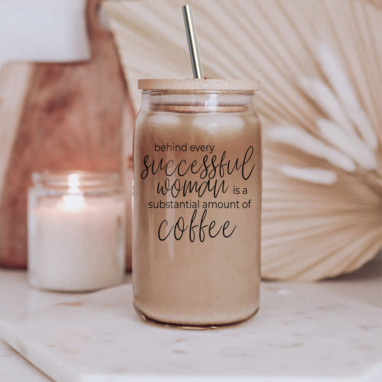 17oz Glass Tumbler Bamboo Lid Stainless Straws - Coffee Quote For Women