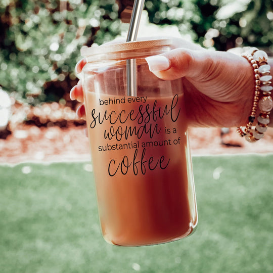 17oz Glass Tumbler Bamboo Lid Stainless Straws - Coffee Quote For Women