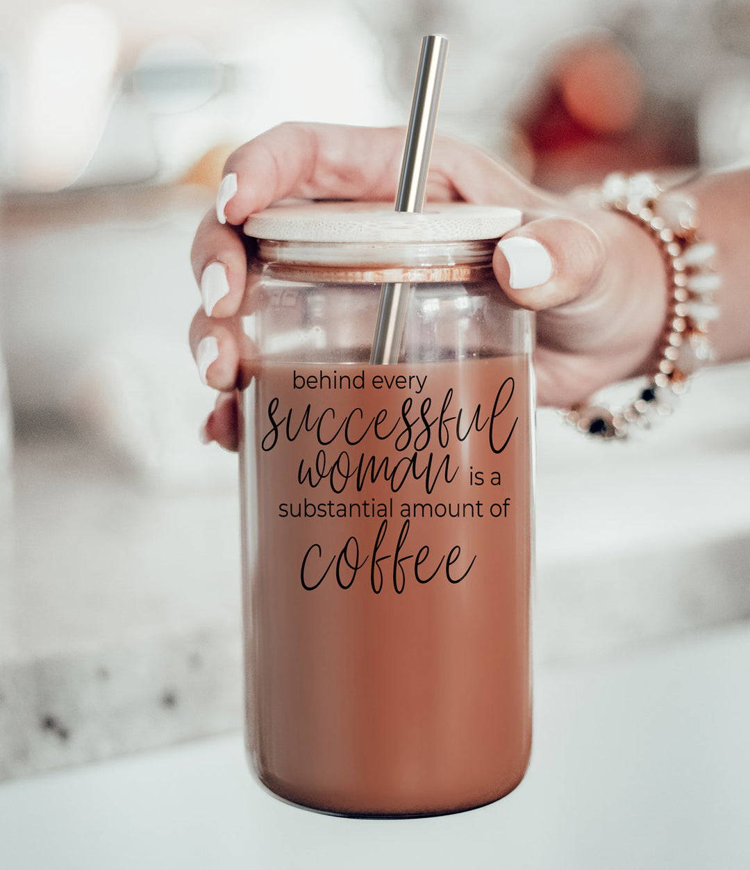 17oz Glass Tumbler Bamboo Lid Stainless Straws - Coffee Quote For Women