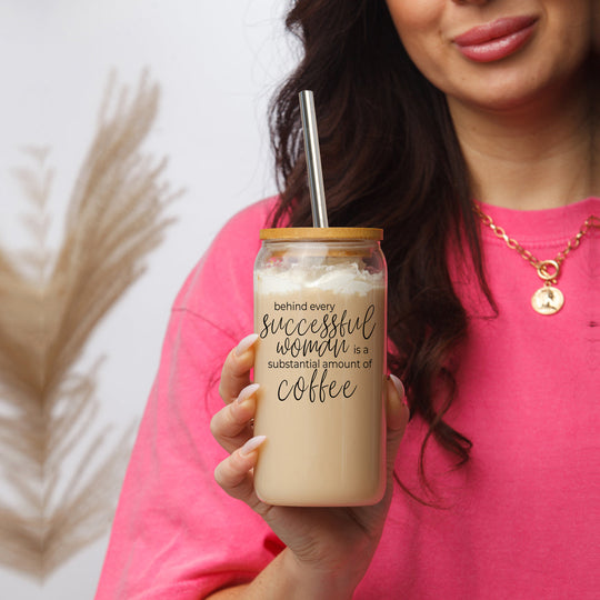 17oz Glass Tumbler Bamboo Lid Stainless Straws - Coffee Quote For Women