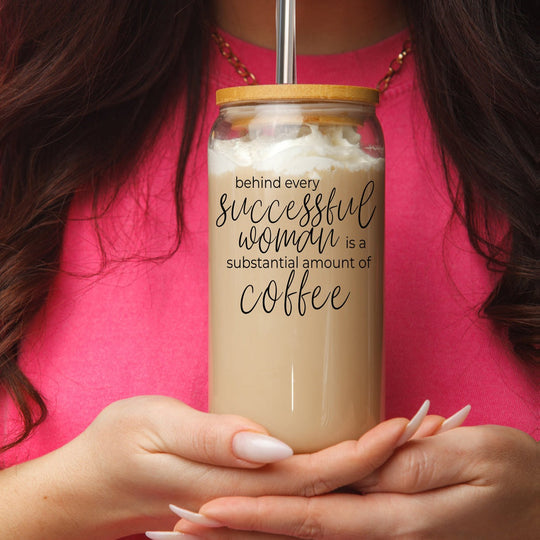 17oz Glass Tumbler Bamboo Lid Stainless Straws - Coffee Quote For Women